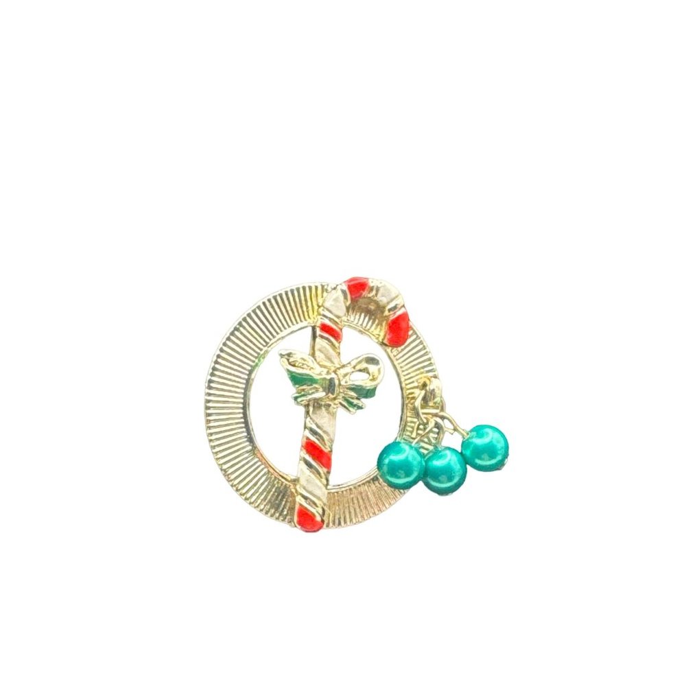 Vintage Goldtone Christmas Wreath Pin Brooch Candy Cane and Beads 1.5 inch
